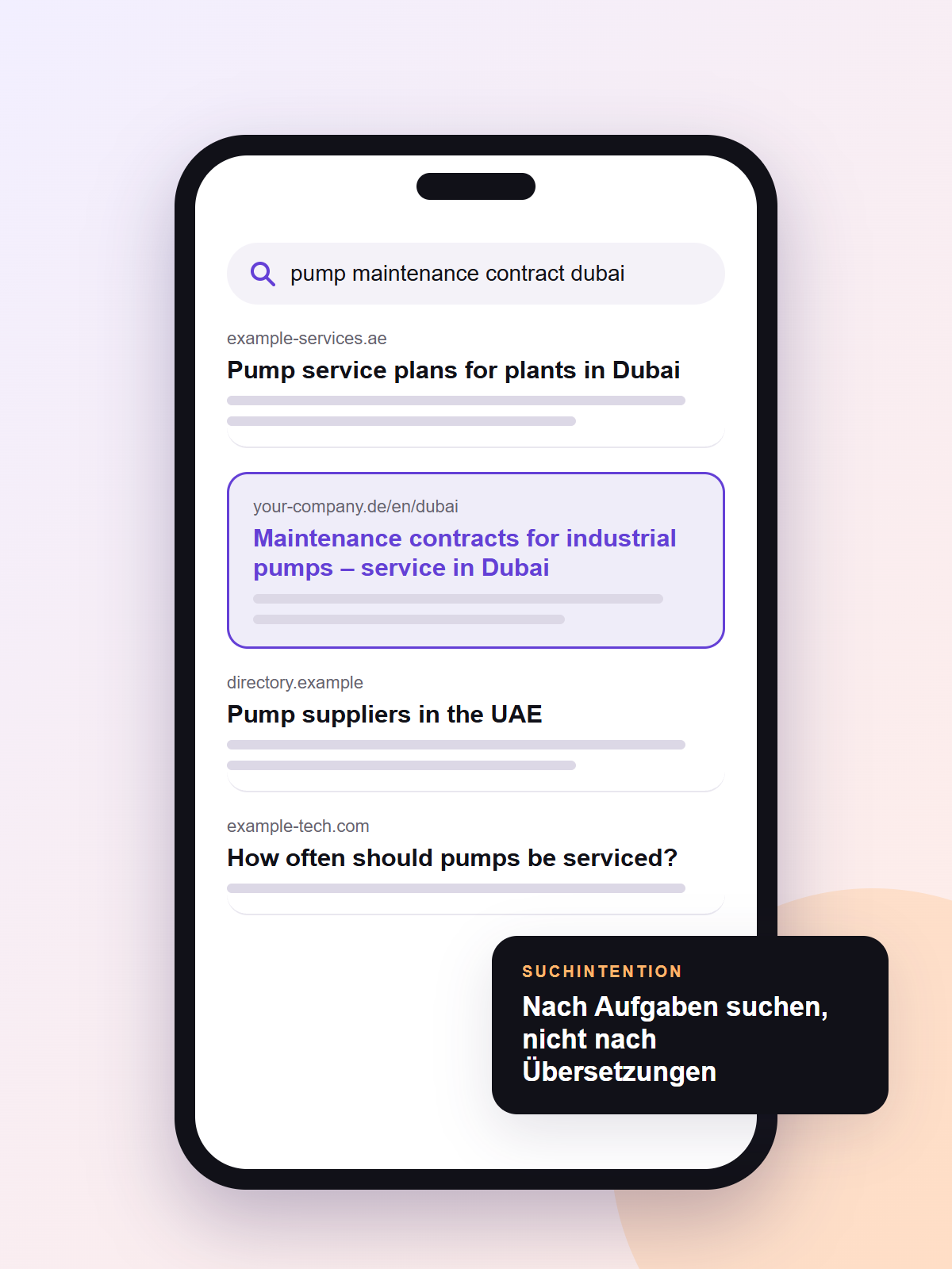 Englische Suchanfrage eines Käufers in Dubai nach einem Wartungsvertrag für Industriepumpen auf dem Smartphone